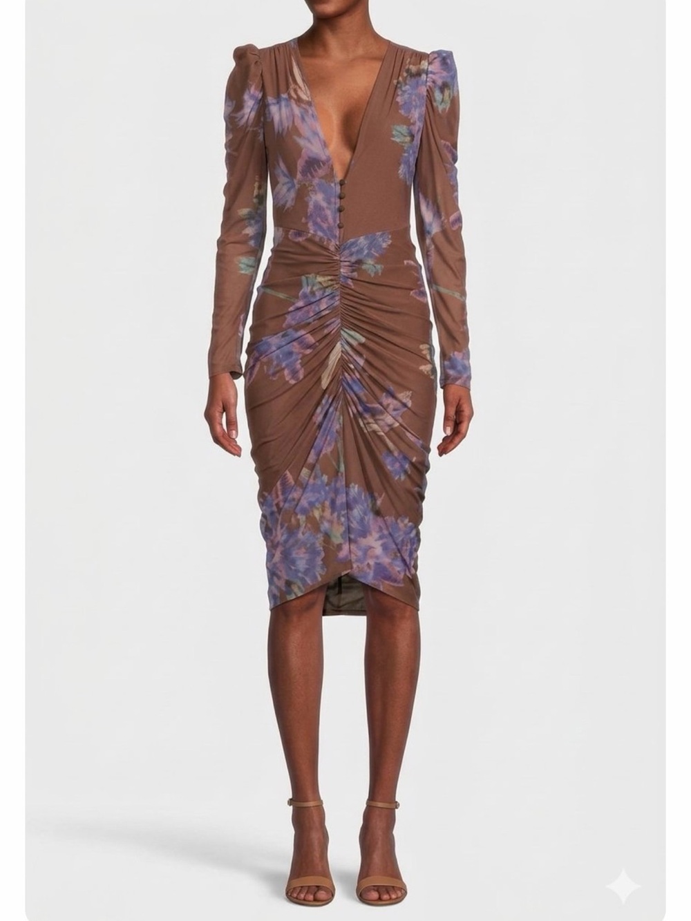 Rococo Sand Brown Ruched Floral Midi,Size S